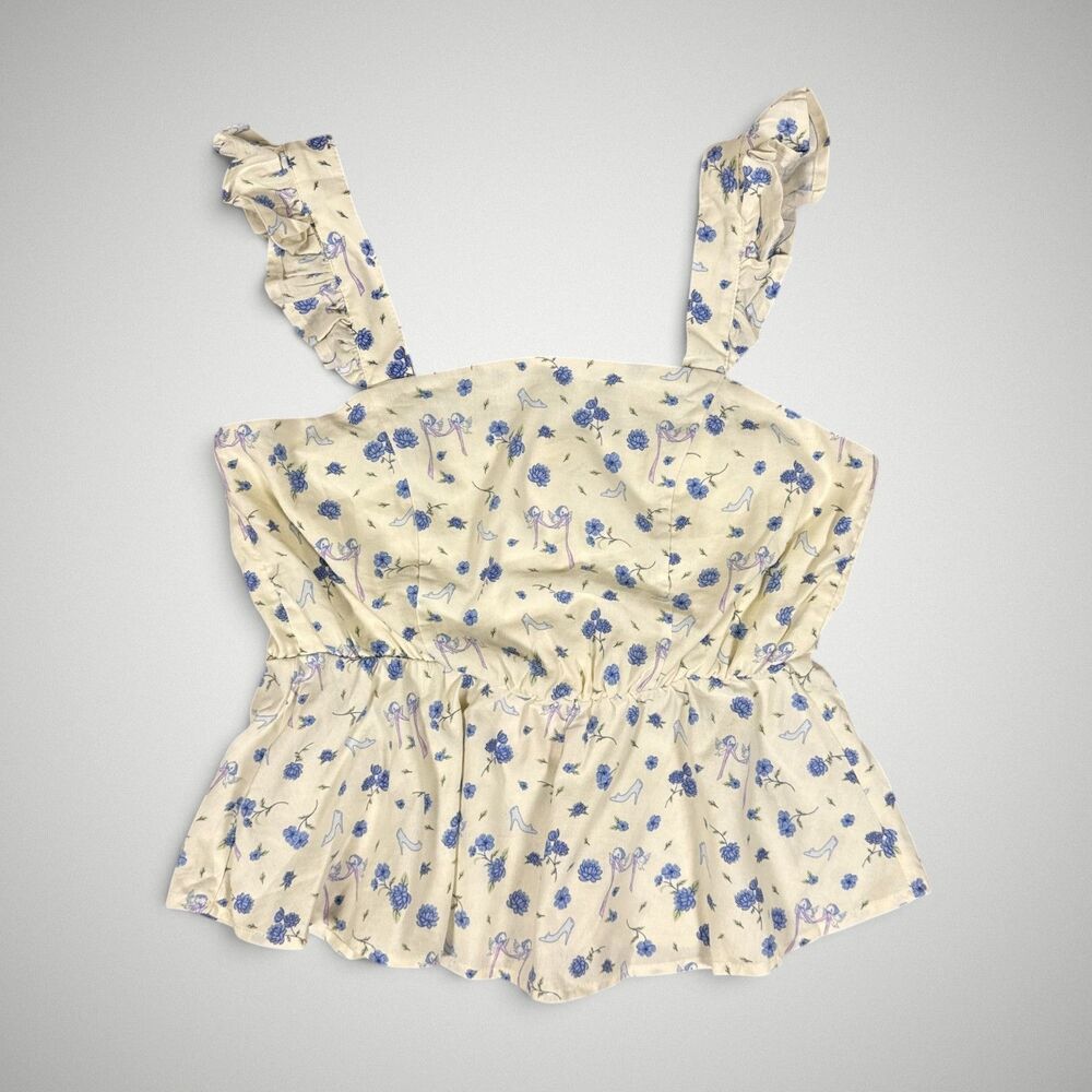 Box Lunch Disney Cinderella Women's Cream Tank Top Floral Ruffled Size Small